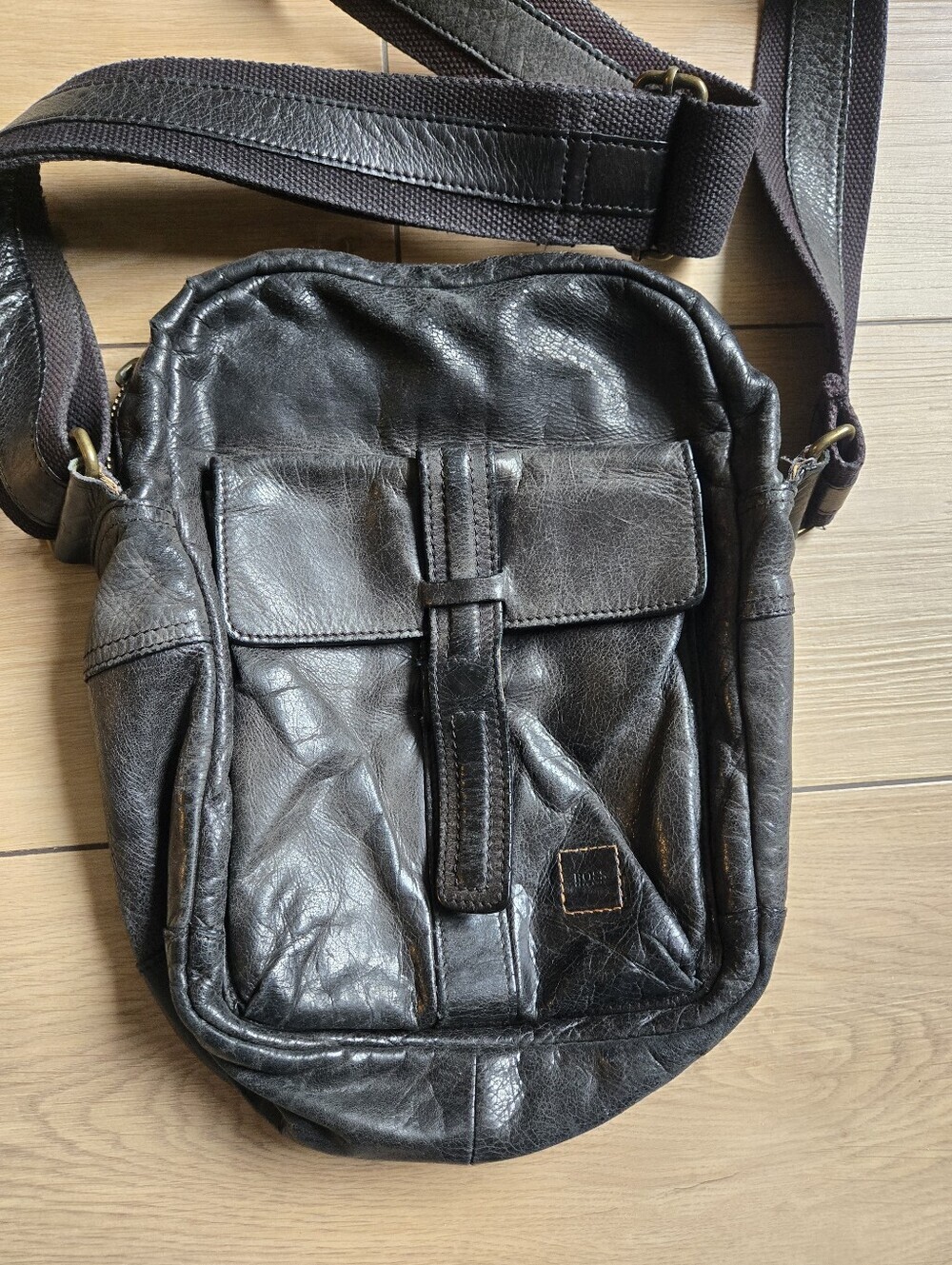 Men's HUGO BOSS ORANGE Biker Avantgarde Leather Messenger Bag Black